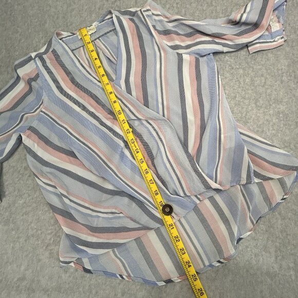 CYNTHIA ROWLEY Blouse Sz S Striped Rayon Faux Wrap V-Neck High Low Long Sleeve - Picture 6 of 13